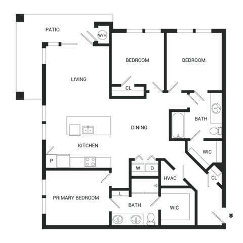Floor plan for 3 beds, 2 baths, 1308 sqft